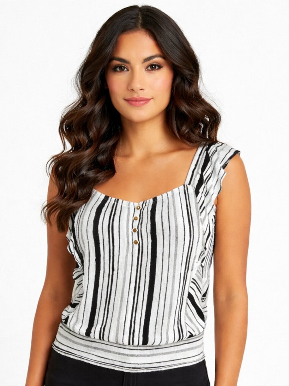 BCX Striped Flutter Sleeve Top RARE Beach Boho Button Classic Gift Spring Summer